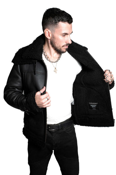 Mens Retro Biker Sheepskin Jacket-Hingham