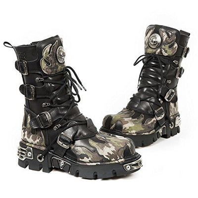 New Rock Flame Accented Camouflage Leather Biker Boots- M-591-S15