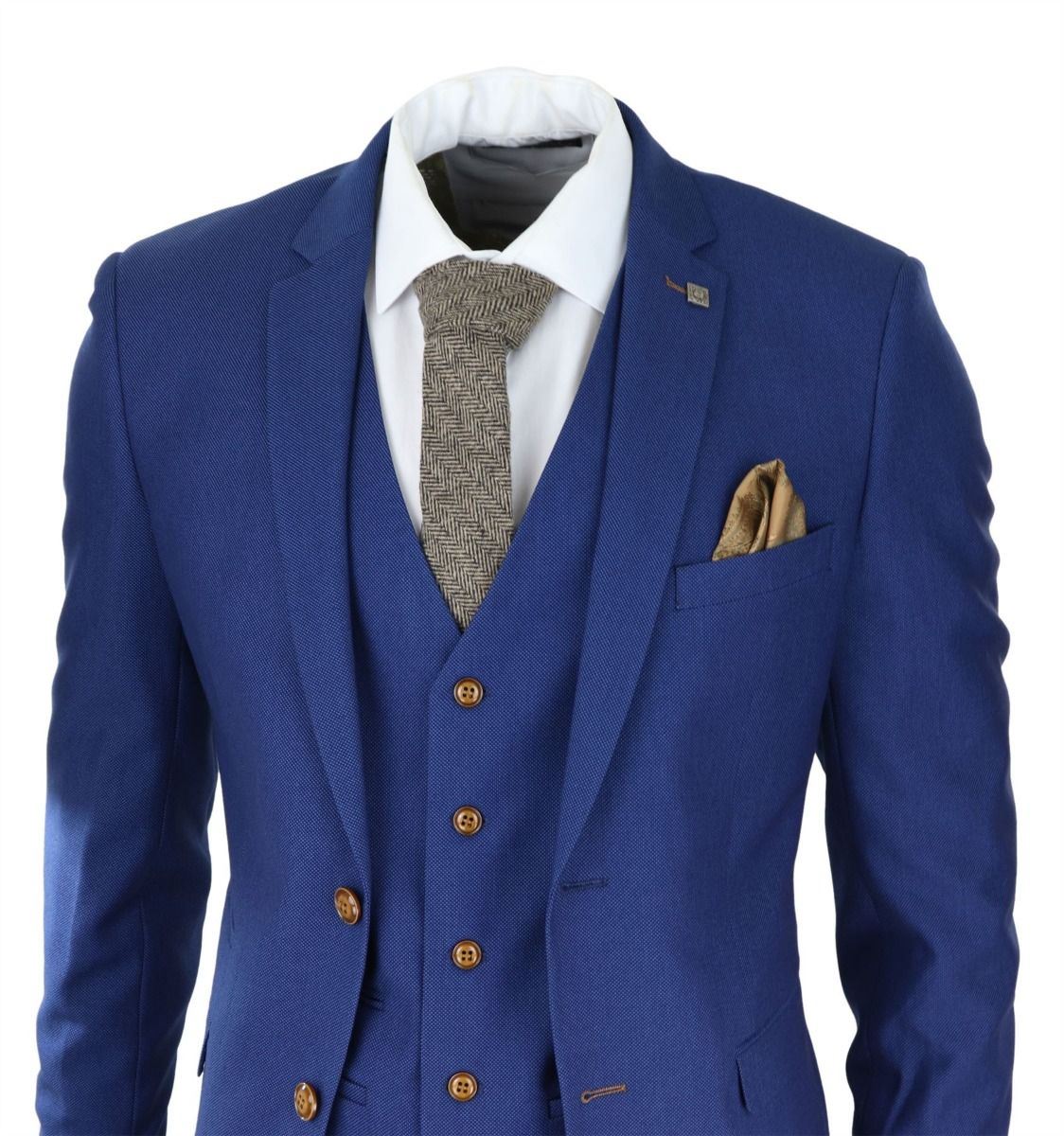 Mens 3 Piece Royal Blue Birdseye Classic Suit