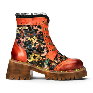 Laura Vita Women's Gothic Floral Orange Leather Combat Boots - Oyao-11