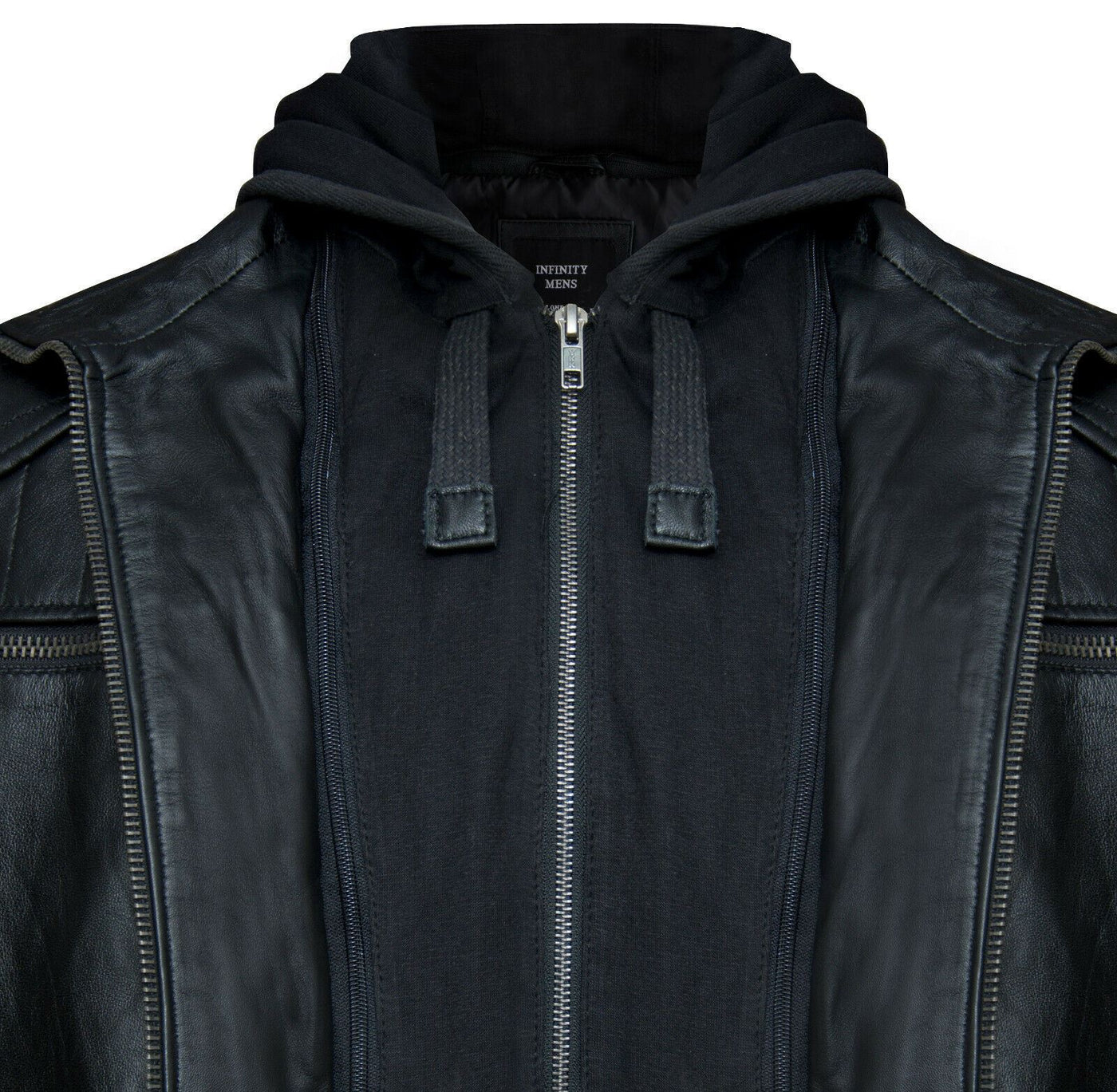 Mens Black Hooded Leather Biker Jacket-Salvador