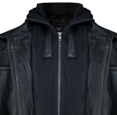 Mens Black Hooded Leather Biker Jacket-Salvador