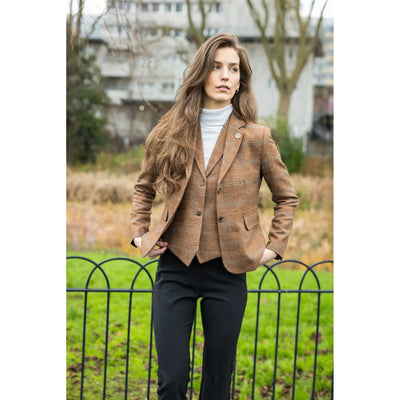 Women's Oak Brown 2 Piece Set Tweed Blazer Waistcoat in Herringbone Check