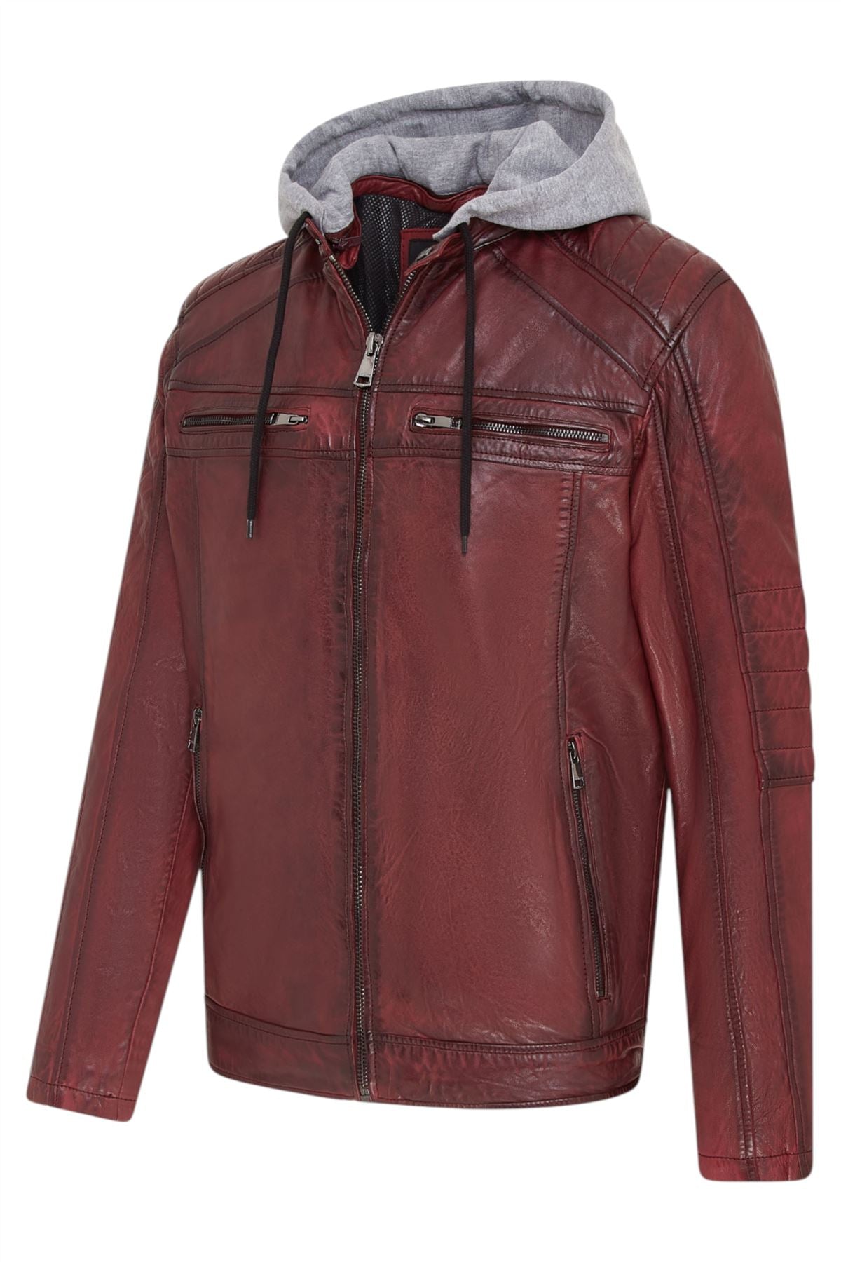 Men's Hooded Biker Lamb Leather Jacket - Burten