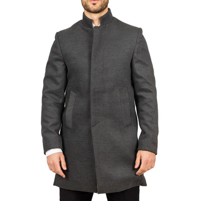Men's Grey Stand Collar Wool Blend Overcoat
