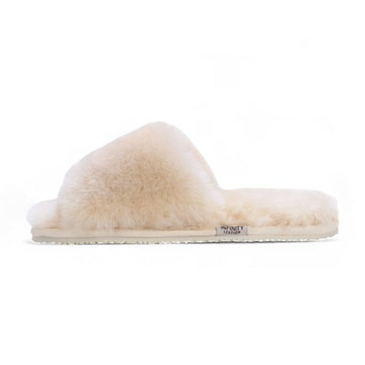 Women's Sheepskin Slippers Beige Warm Winter Fur Sliders - Nordic