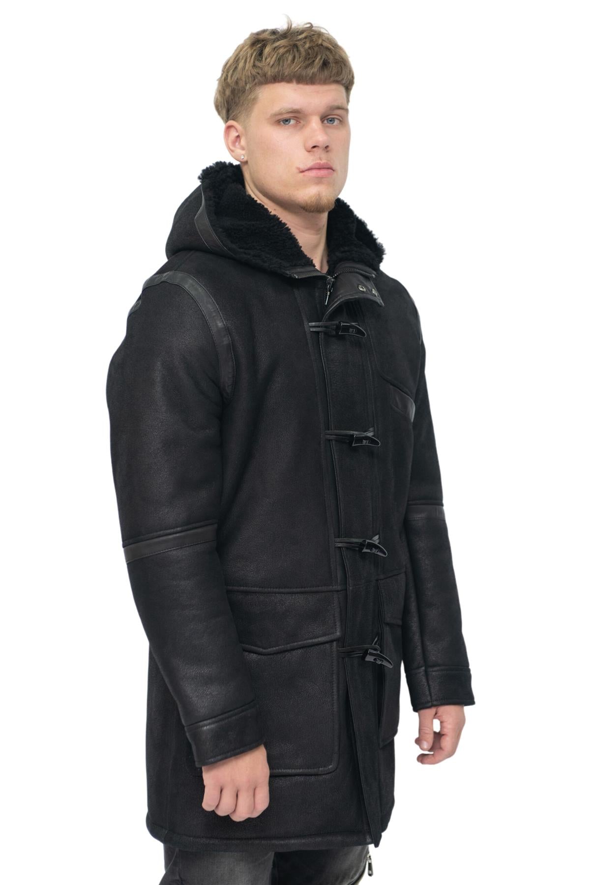 Mens Winter Sheepskin Leather Hooded Duffle Coat-Langport