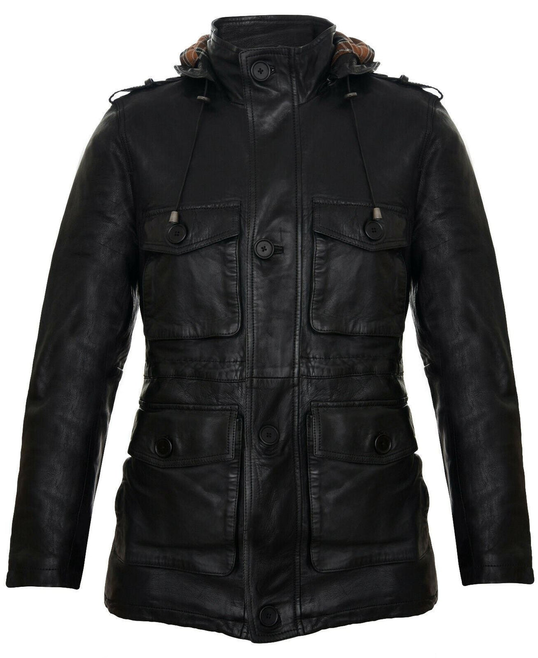 Mens Hooded Trench Multi-Pocket Overcoat Leather Jacket – Infinity