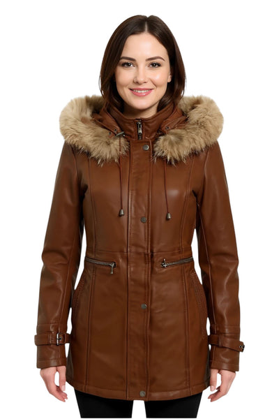 Parka da donna in pelle con cappuccio-Putian
