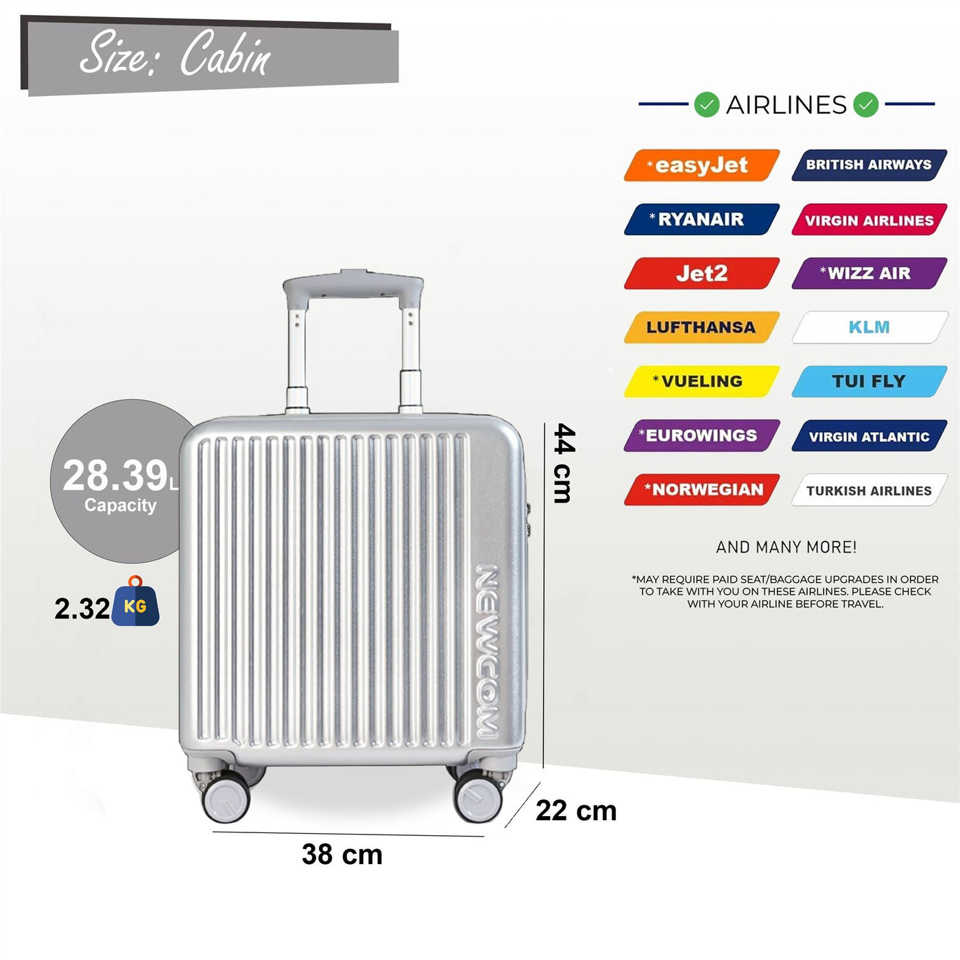 Hard Shell Cabin 44 x 22 x 38 cm TSA Secure Luggage Suitcase Suitable for Easyjet, Ryanair