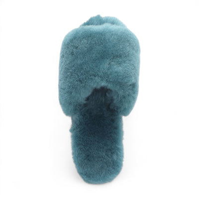 Women's Sheepskin Slippers Teal Warm Winter Fur Sliders - Nordic