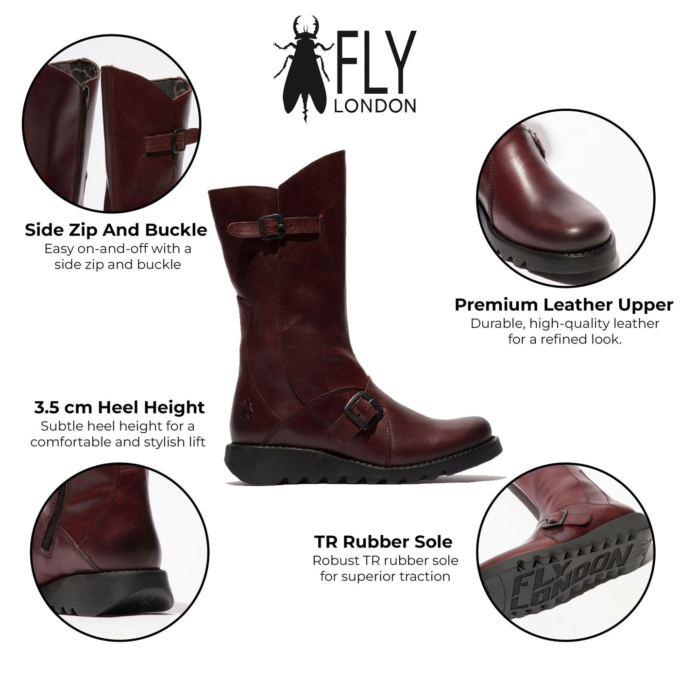 Fly London Womens Wine MES 2 Wedge Heel Buckle Mid-Calf Leather Zip Platform Boots