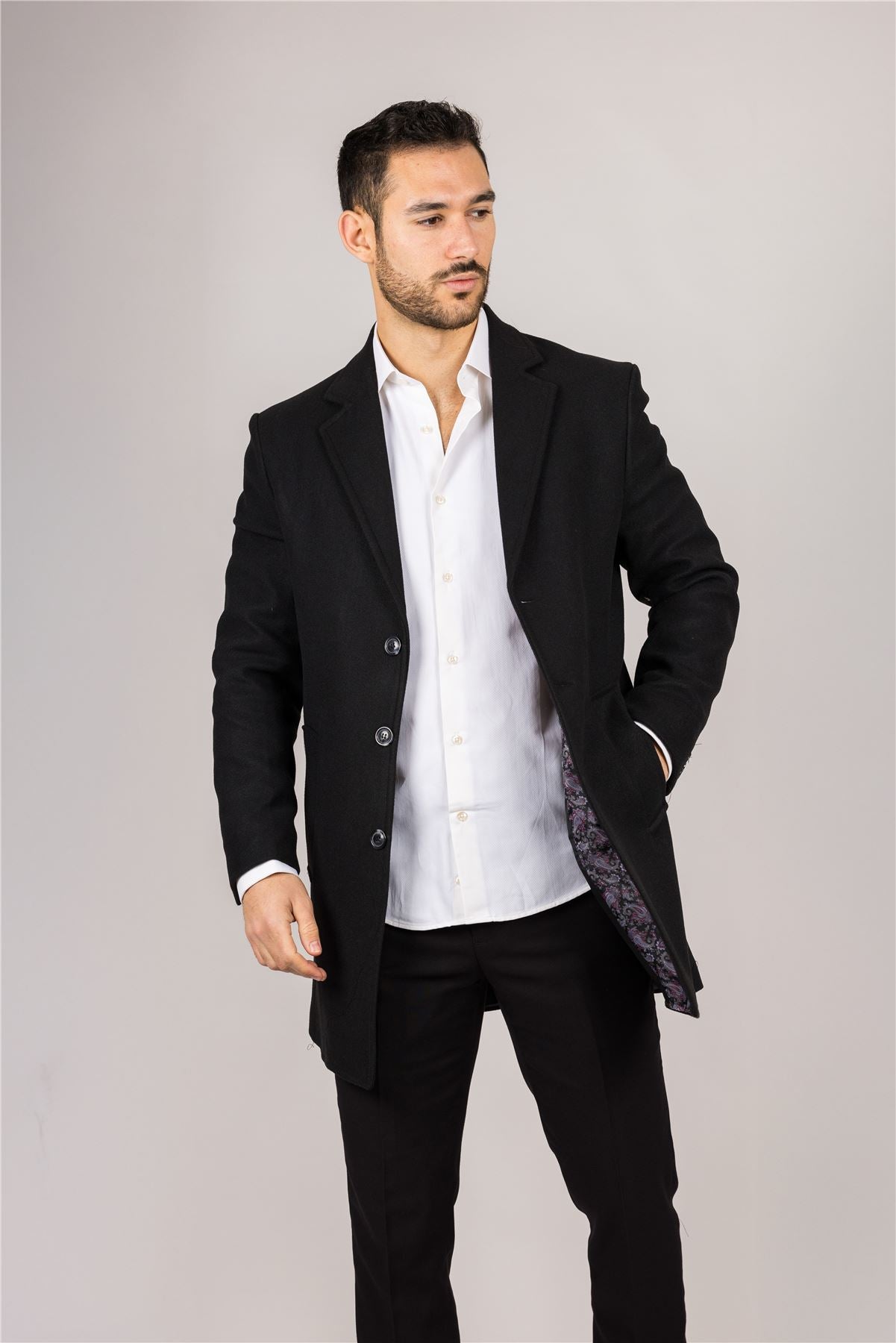 Men's Notched Lapel Collar Wool Blend Black Overcoat