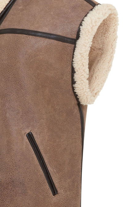 Womens Brown Aviator Shearling Leather Gilet - Chevak