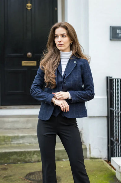 Women's Navy Tailored Fit 2 Piece Set Tweed Formal Blazer Waistcoat