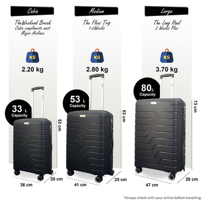 Hard Shell Black PP Dual 4 Wheels Luggage Travel Cabin Holiday Suitcase Set