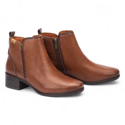 Women's Pikolinos Malaga Cuero Brown Leather Ankle Bootie Zip Mid-Heel Everyday Boots