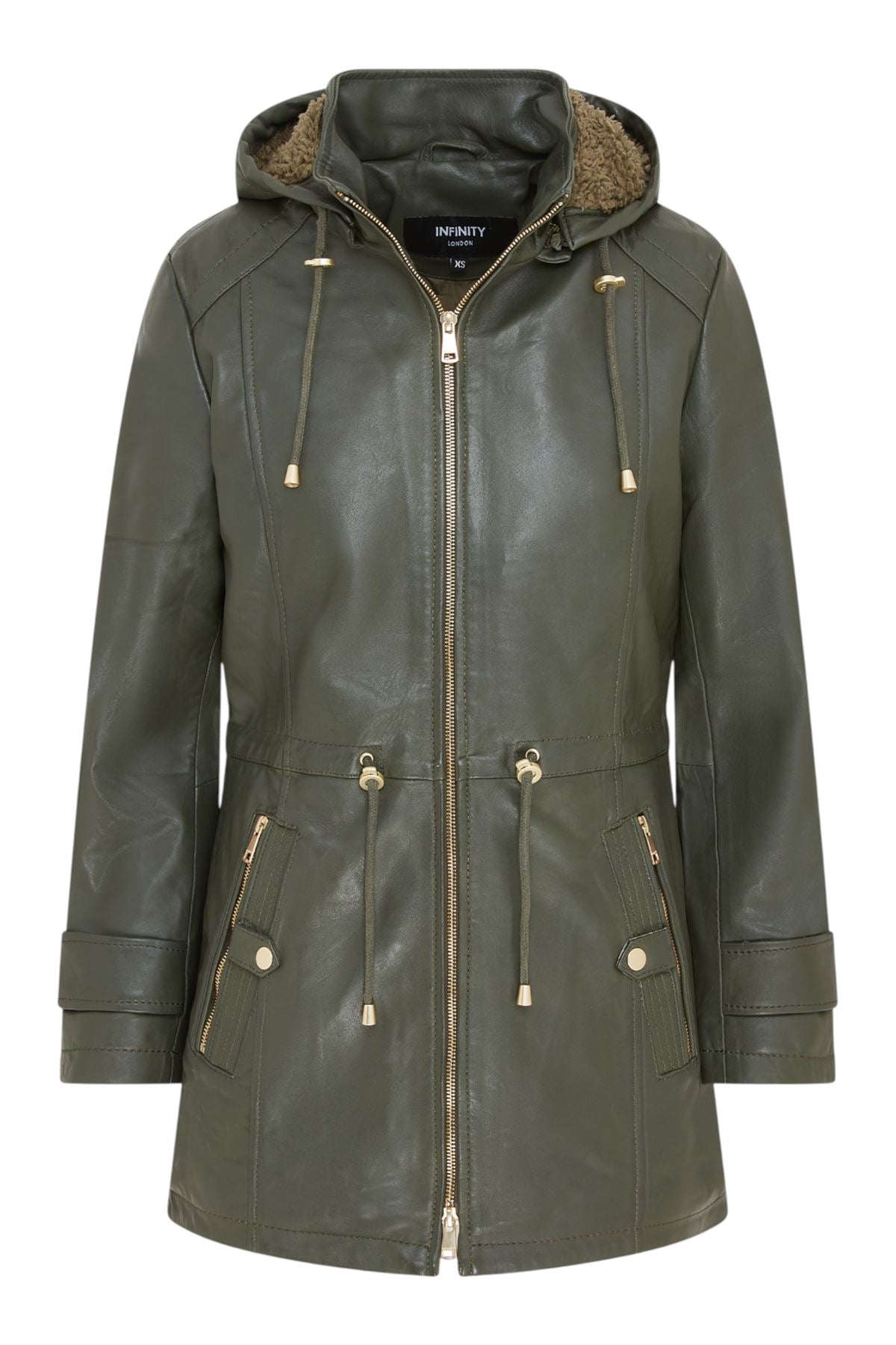 Women's Leather Parka Detachable Borg Hooded Trench Coat - Trekker