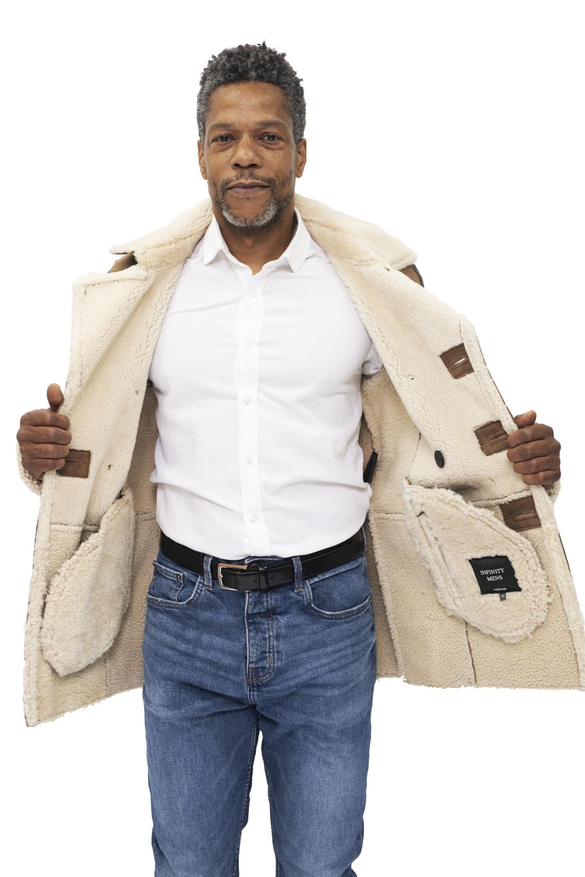 Mens Double Breasted Shearling Sheepskin Pea Coat-Kington