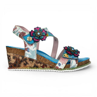 Laura Vita Women's Bonito 32 Turquoise Blue Floral Leather Wedge Espadrille Sandals