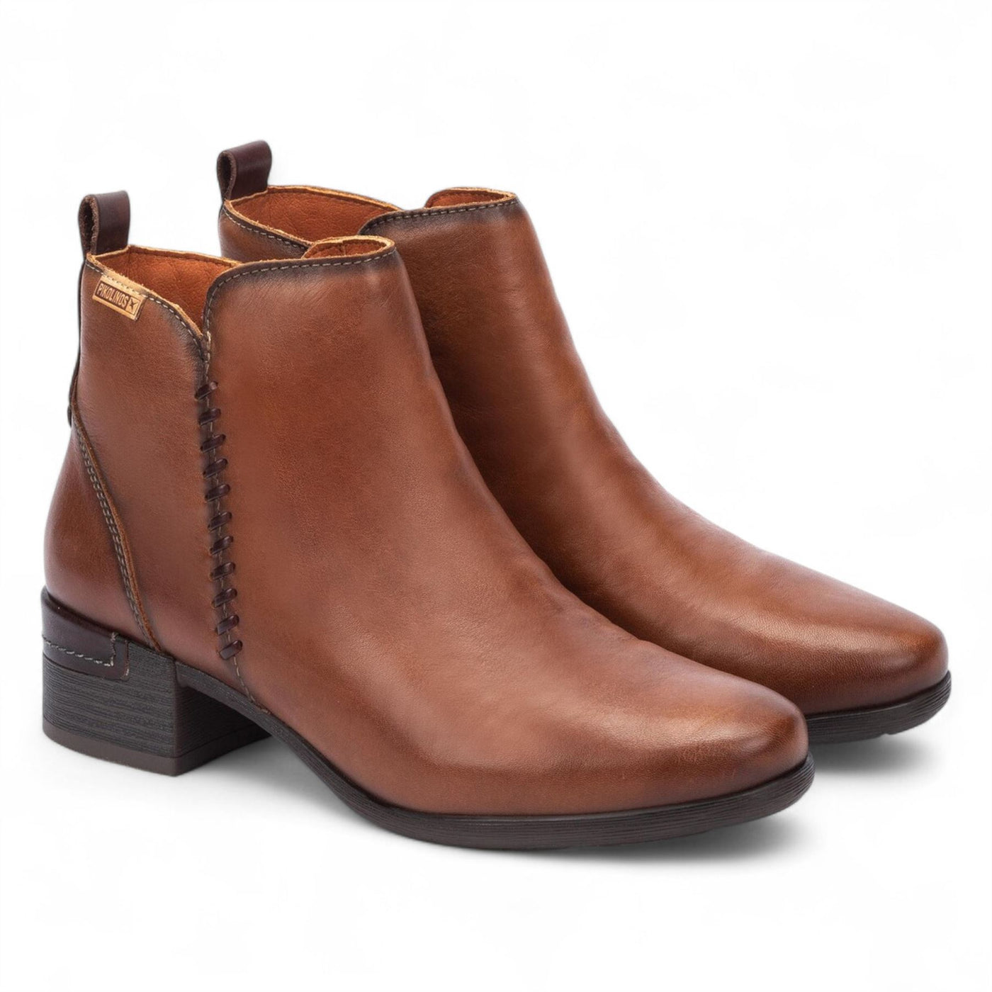 Women's Pikolinos Malaga Cuero Brown Leather Ankle Bootie Zip Mid-Heel Everyday Boots