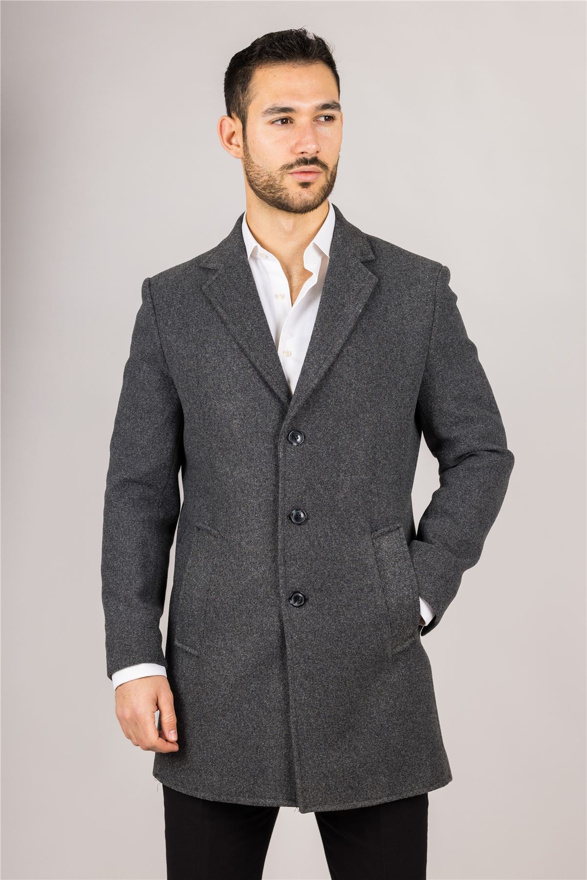 Men's Notched Lapel Collar Wool Blend Grey Overcoat