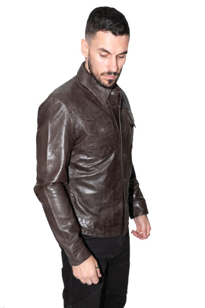 Mens Retro Leather Shirt Jeans Jacket-Beijing