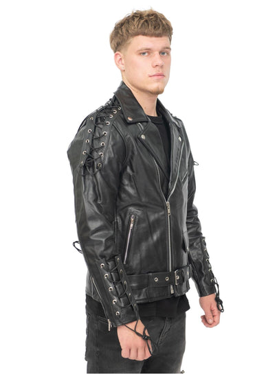 Mens Embossed Brando Leather Biker Jacket-Chicago