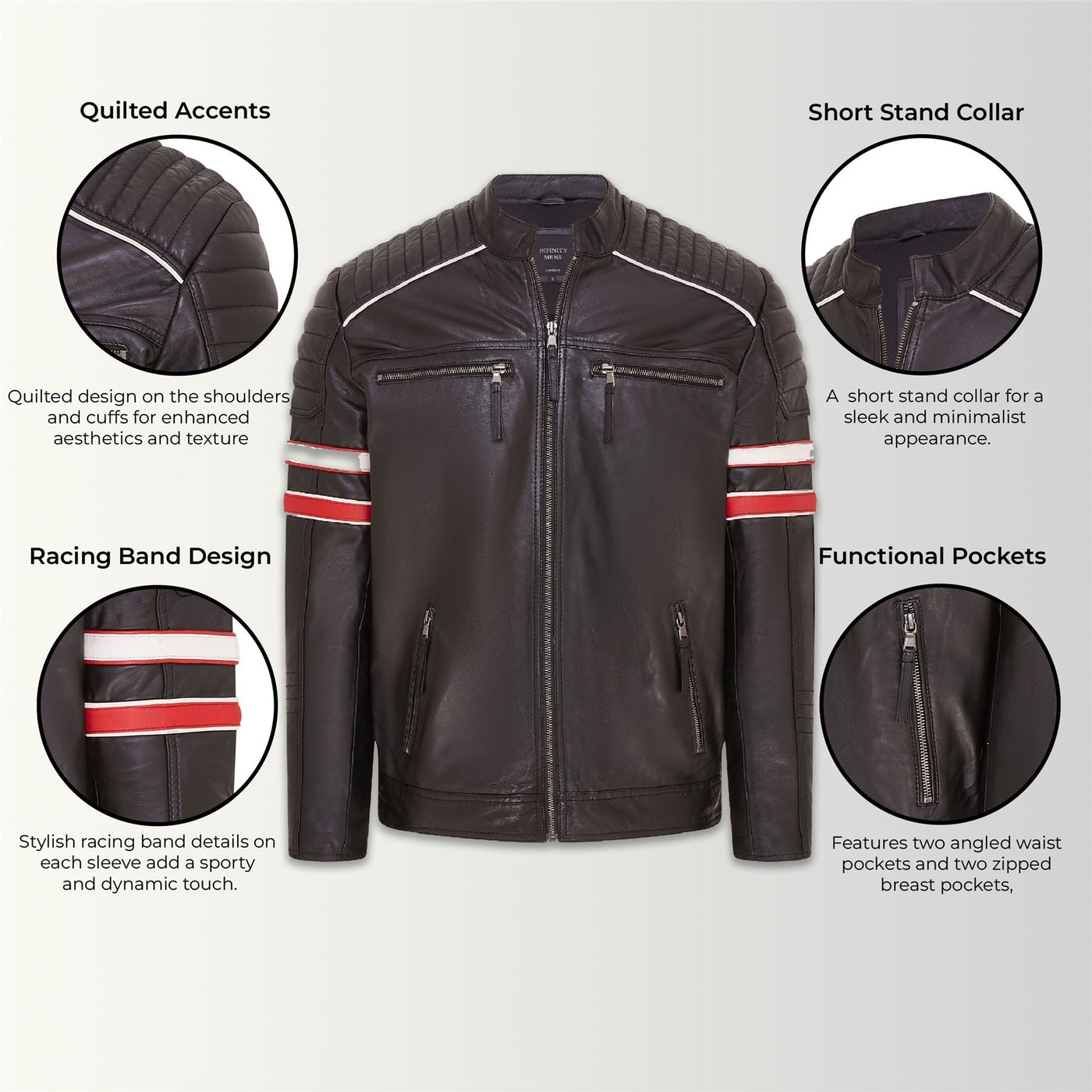 Mens Quilted Leather Biker Racing Jacket- Brevik