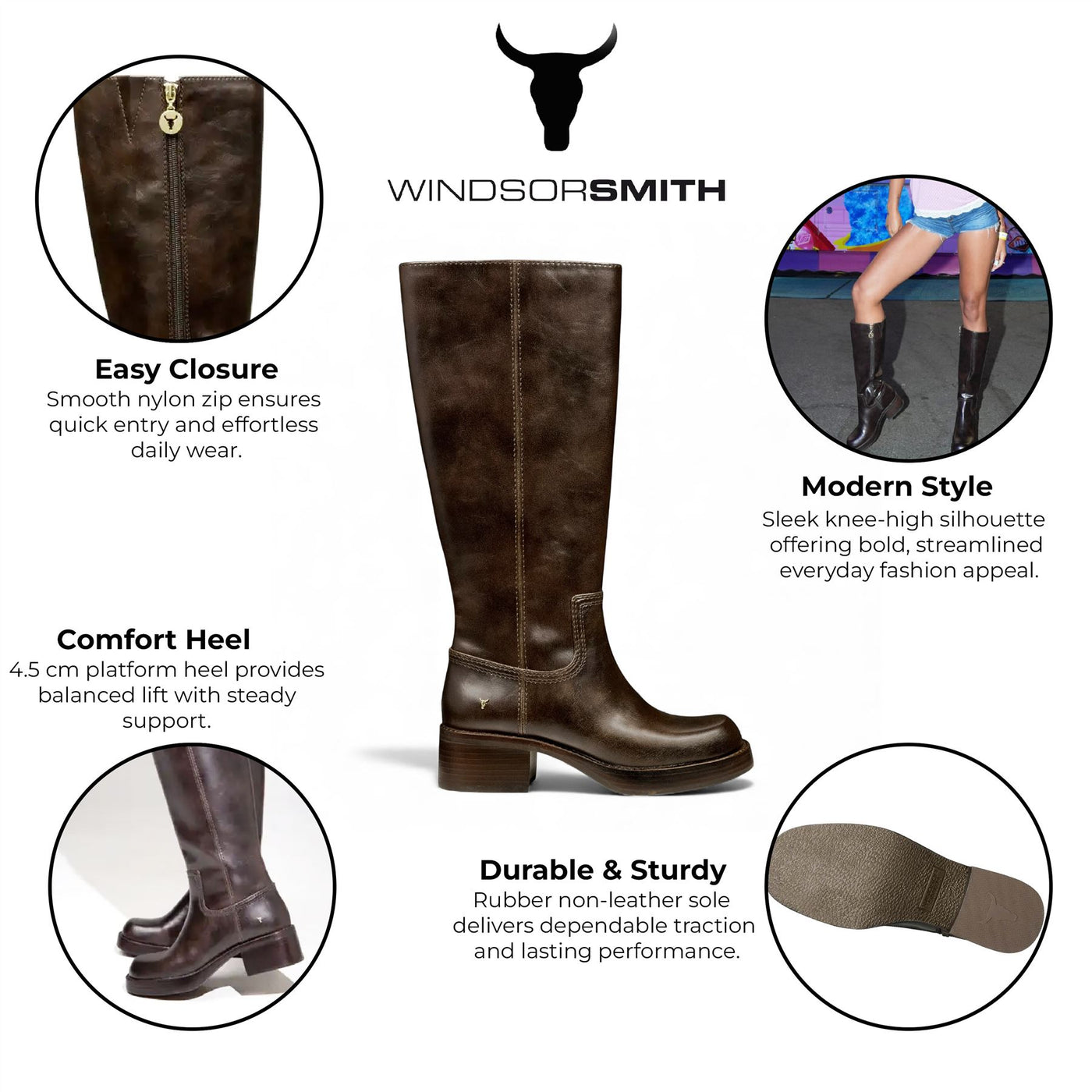 Windsorsmith Womens Espresso Brown Faux Leather Knee-High Riding Boots - Technique