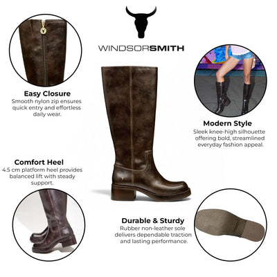 Windsorsmith Womens Espresso Brown Faux Leather Knee-High Riding Boots - Technique