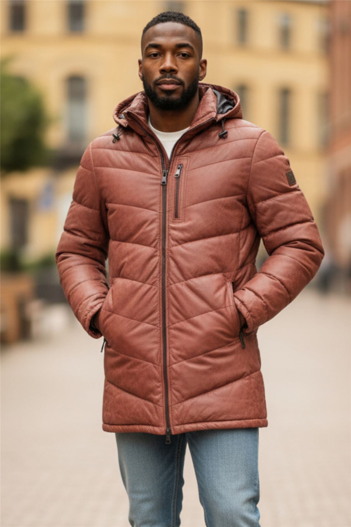 Men's Leather Quilted Jacket Hooded Puffer Winter Coat - Olyic