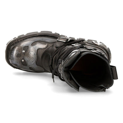 New Rock Flame Accented Black/Silver Leather Biker Boots- 107-S2