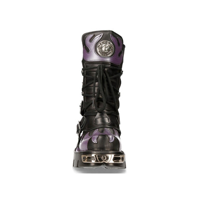 New Rock Flame Accented Black/Red Leather Biker Skull Boots- M-591-S5