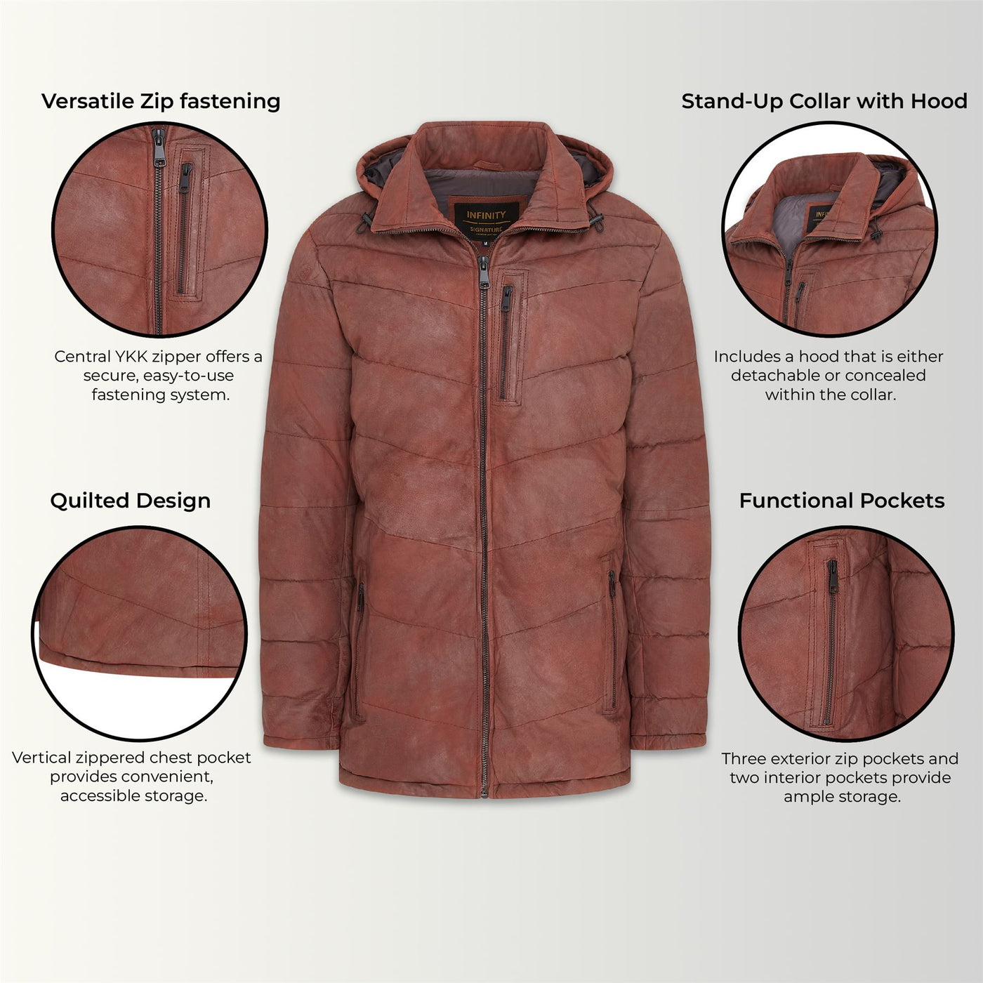 Men's Leather Quilted Jacket Hooded Puffer Winter Coat - Olyic