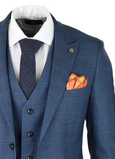 Mens 3 Piece Blue Suit Prince Of Wales Check Classic Light Tailored Fit Modern