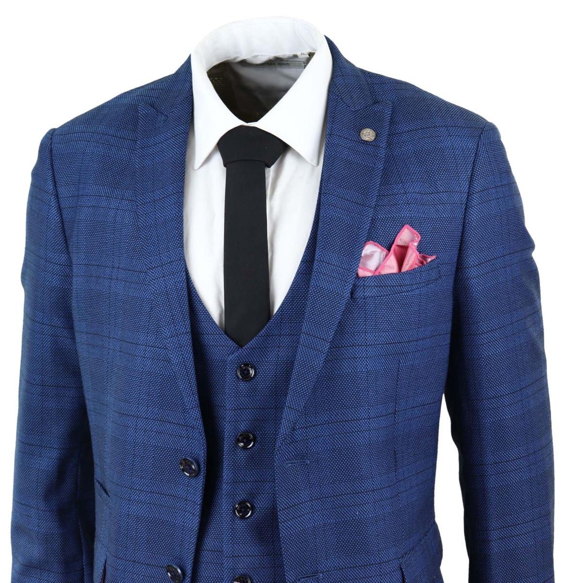 Mens 3 Piece Blue Birdseye Check Classic Suit