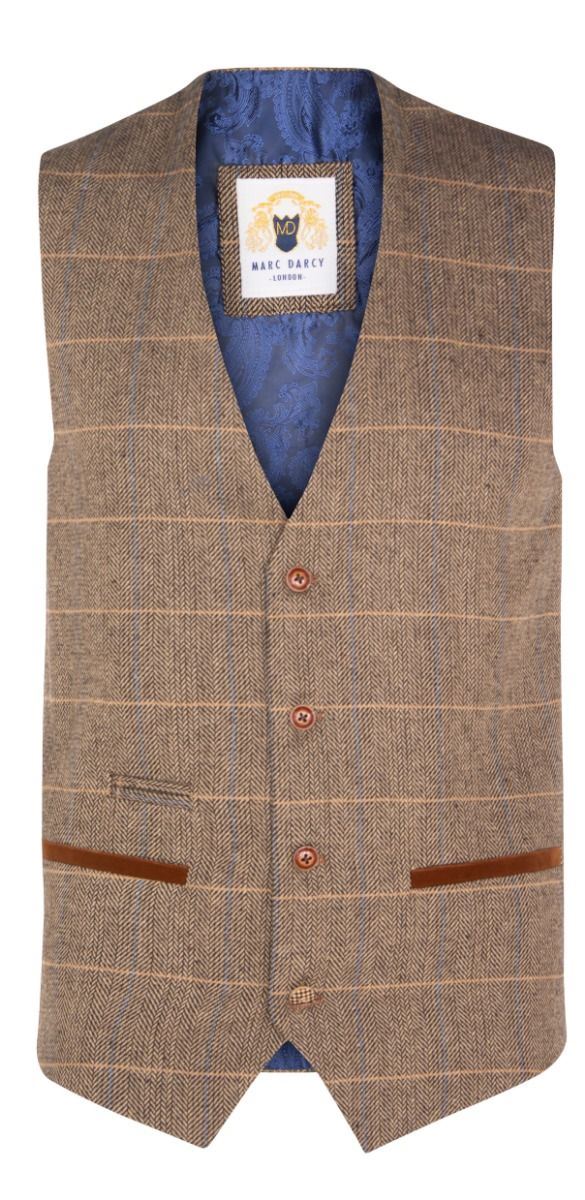 Marc Darcy Herren Hellbraun Tweed Weste Peaky Blinders Check Wolle Fischgrät