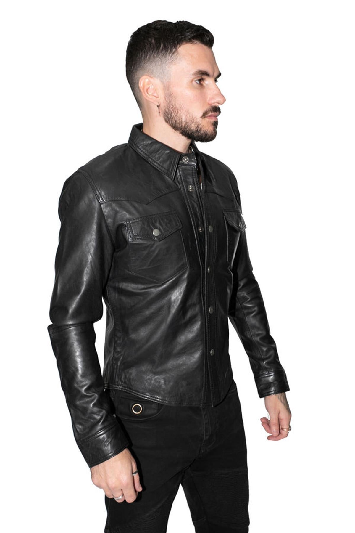 Mens Retro Leather Shirt Jeans Jacket-Beijing