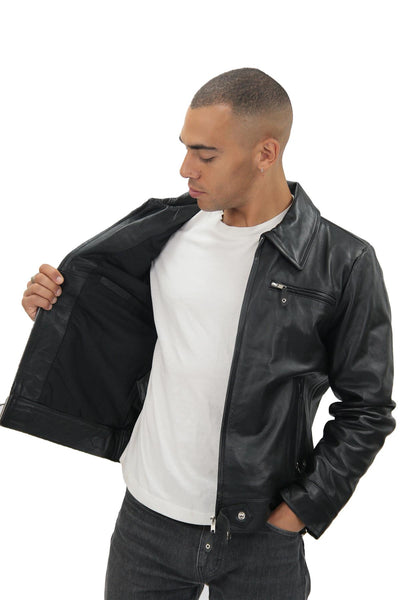 Mens Black Cowhide Leather Harrington Jacket-Geneva