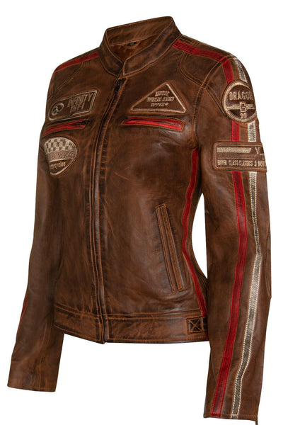 Womens Biker Racing Badges Leather Jacket-Eastleigh - Upperclass Fashions 