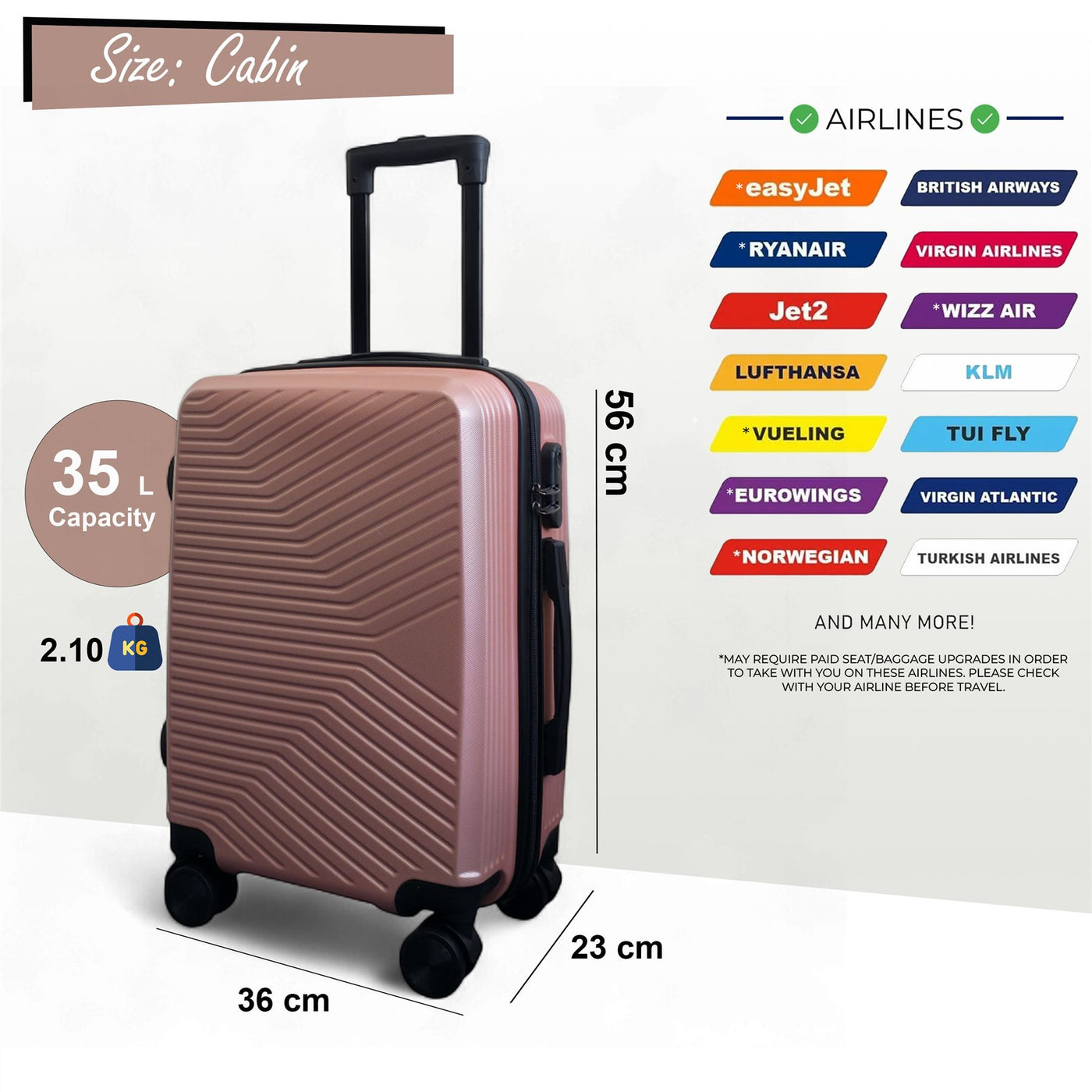 Hard Shell Cabin  48 x 37 x 20 cm Luggage Suitcase Suitable for Easyjet, Ryanair