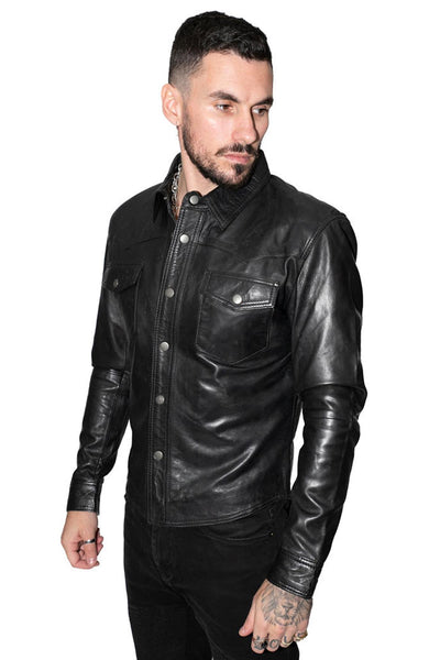 Mens Retro Leather Shirt Jeans Jacket-Beijing