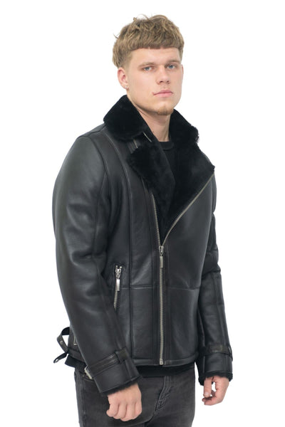 Mens Double Breasted Sheepskin Leather Biker Jacket-Heathfield