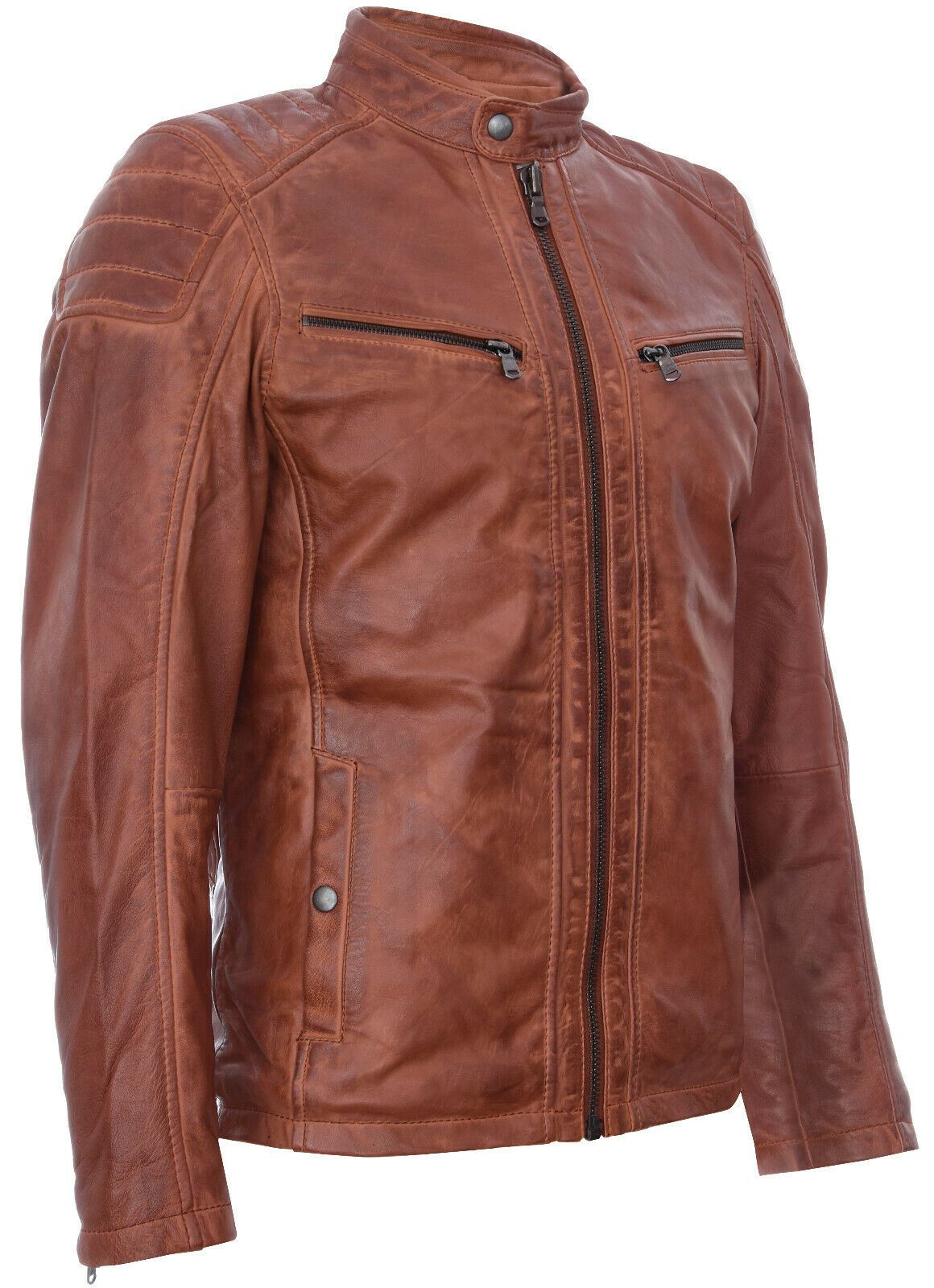 Mens Leather Jacket Vintage Quilted Retro Racing Zipped Biker - San Marino