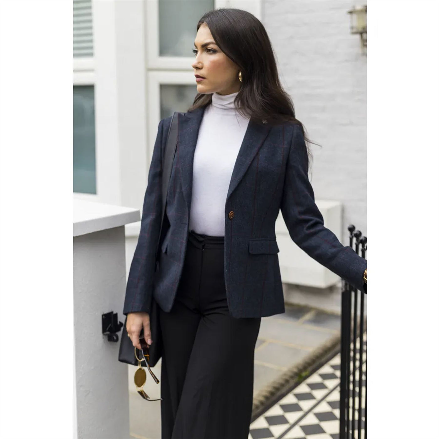 Women's Navy Tweed Tailored Fit Formal Blazer