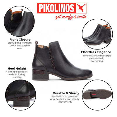 Women's Pikolinos Malaga Black Leather Ankle Bootie Zip Mid-Heel Everyday Boots