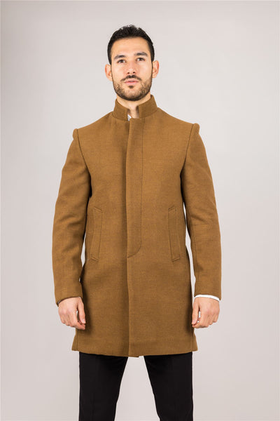 Men's Tan Stand Collar Wool Blend Overcoat