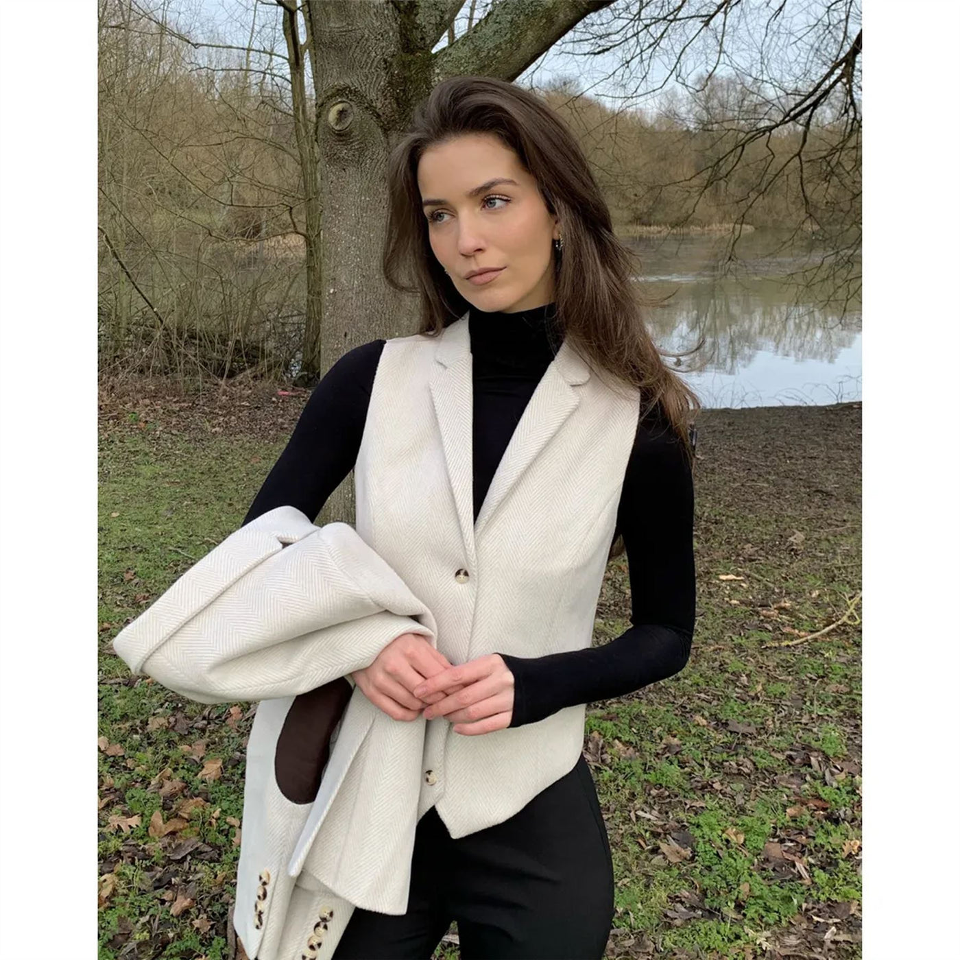Women's Cream 2 Piece Set Wool Blend Tweed Blazer Waistcoat