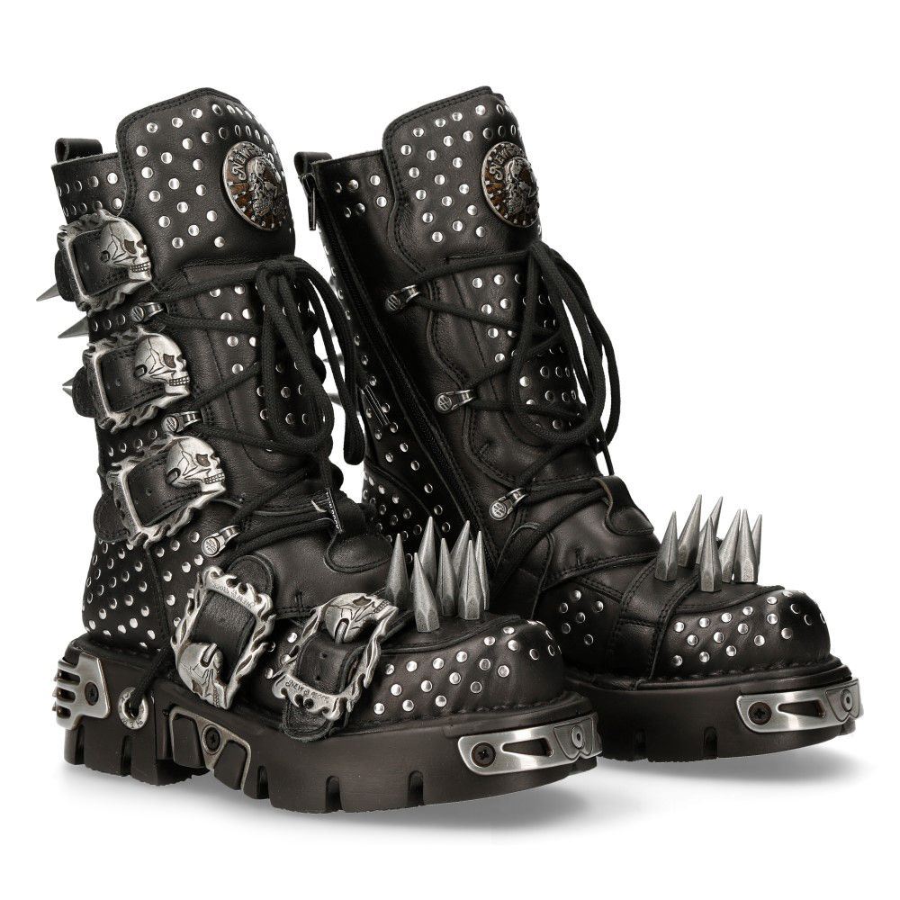 New Rock Black Leather Studded Gothic Boots-1535-S1